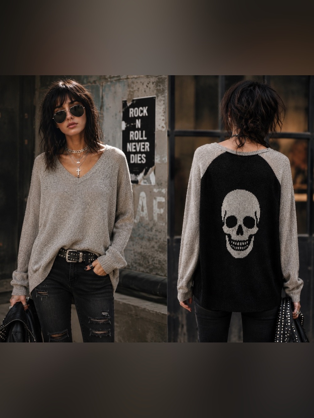 Skull Cashmere Madison 100% Cashmere Skull Back High Low V-Neck Sweater S